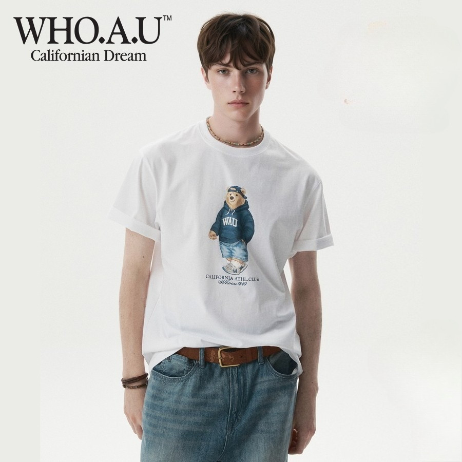 WHOAU American Retro Style California Athl Club Teddy Bear Print Camiseta Casual Grande Para Homens E Mulheres , 100 % A