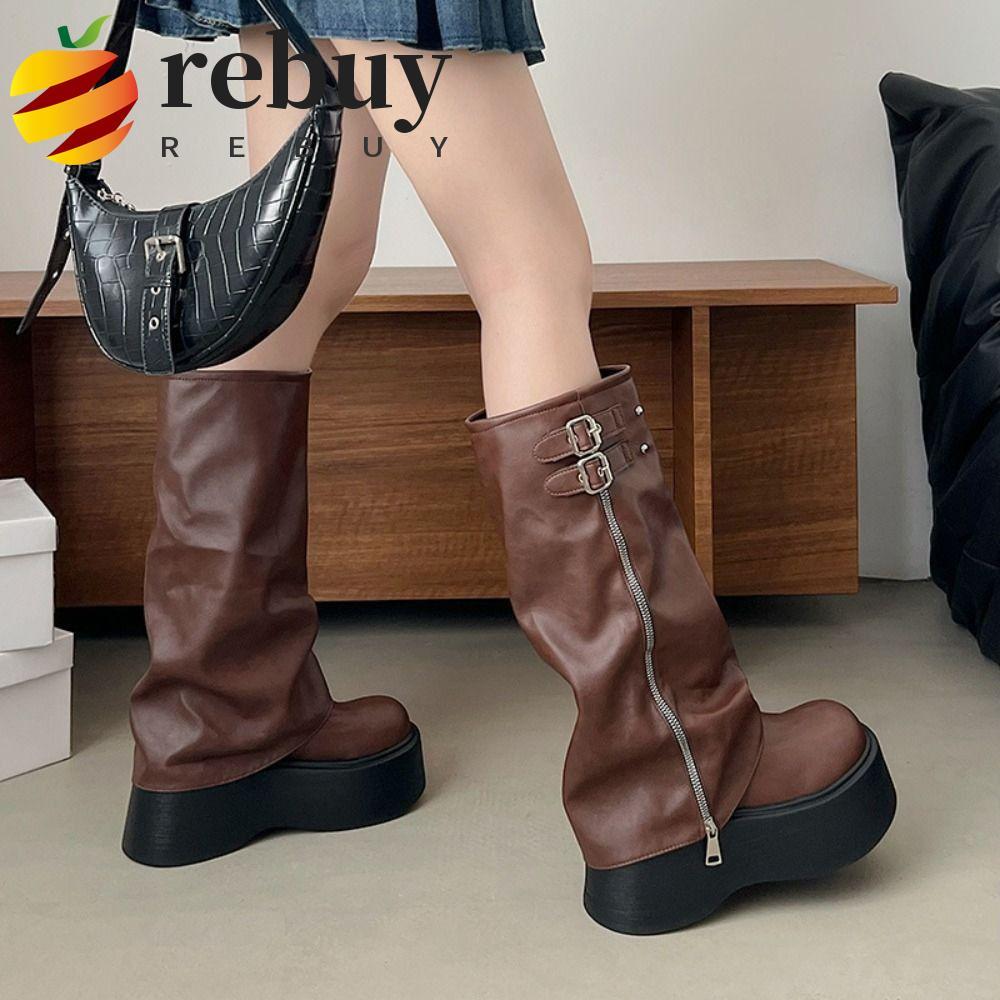 REBUY1 Botas Femininas Até O Joelho , De Motociclista Com Fivela De Cinto Punk Y2K Longas Plataforma Gladiadora