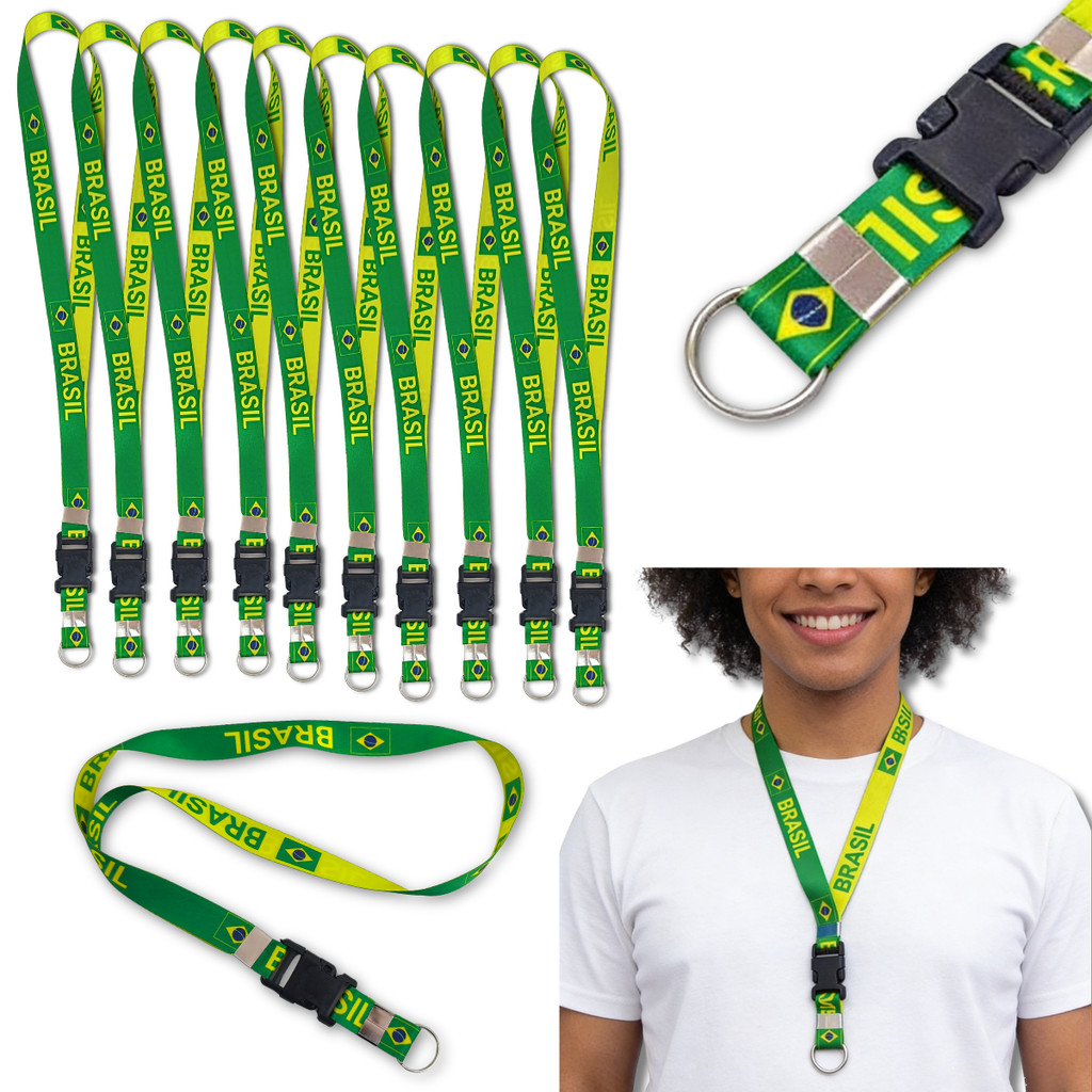 KIT 10 cordão brasil Chaveiro Moto Tirante Engate Porta Crachá Lanyard