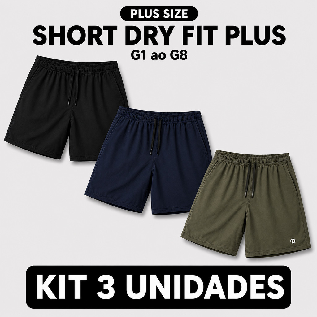 3 Shorts Dry Fit Plus Conjunto Masculino Respiravel Para Caminhada Academia Lazer e Rotina Fitness