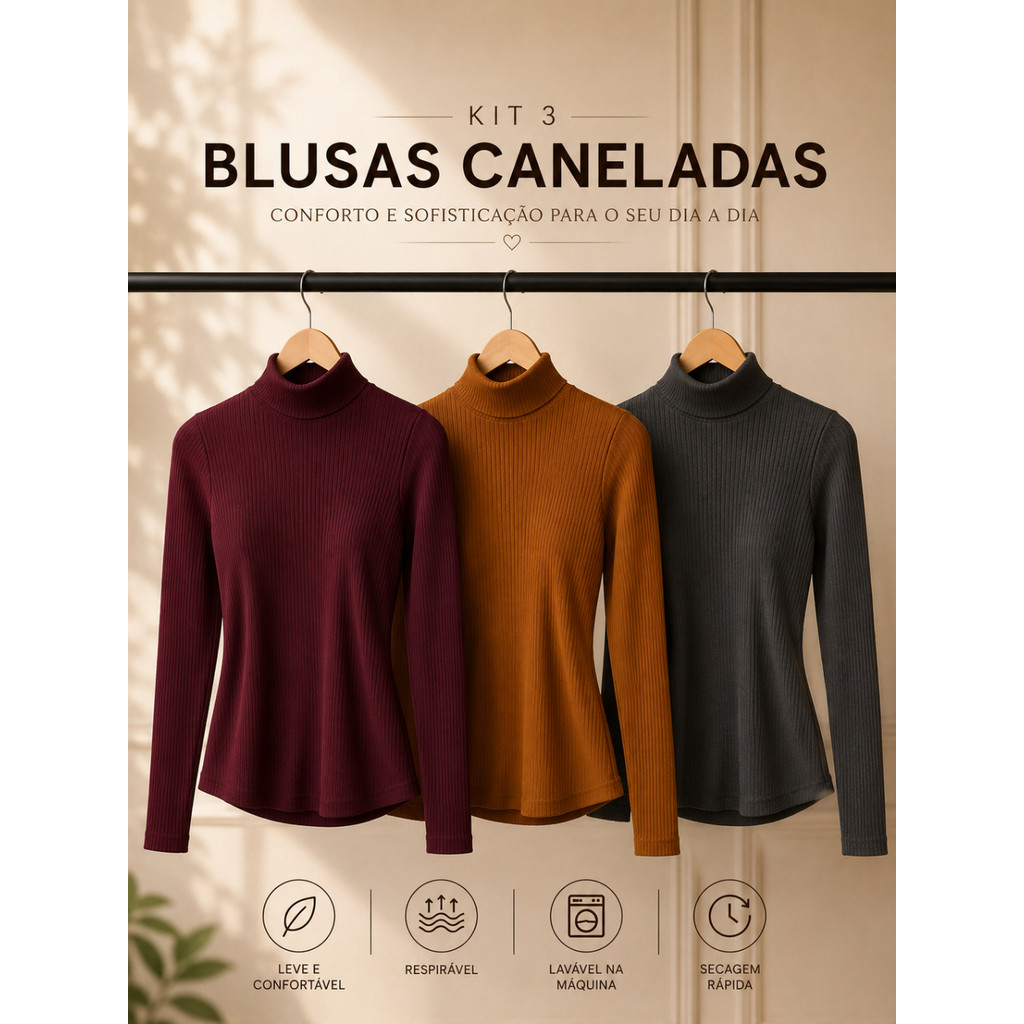 Kit 3 Blusas Manga Longa Feminina Gola Alta Tecido Canelado Premium