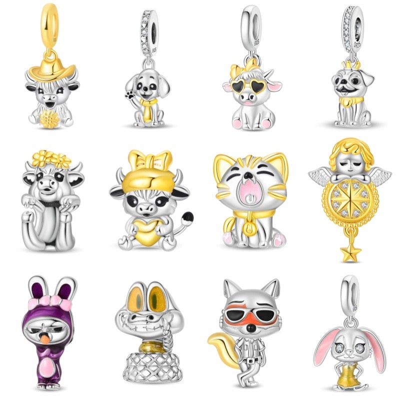 Pulseira charme S925 prata Denim pingente filhote de cachorro pingente gatinho contas dourado amor coração Highland vaca