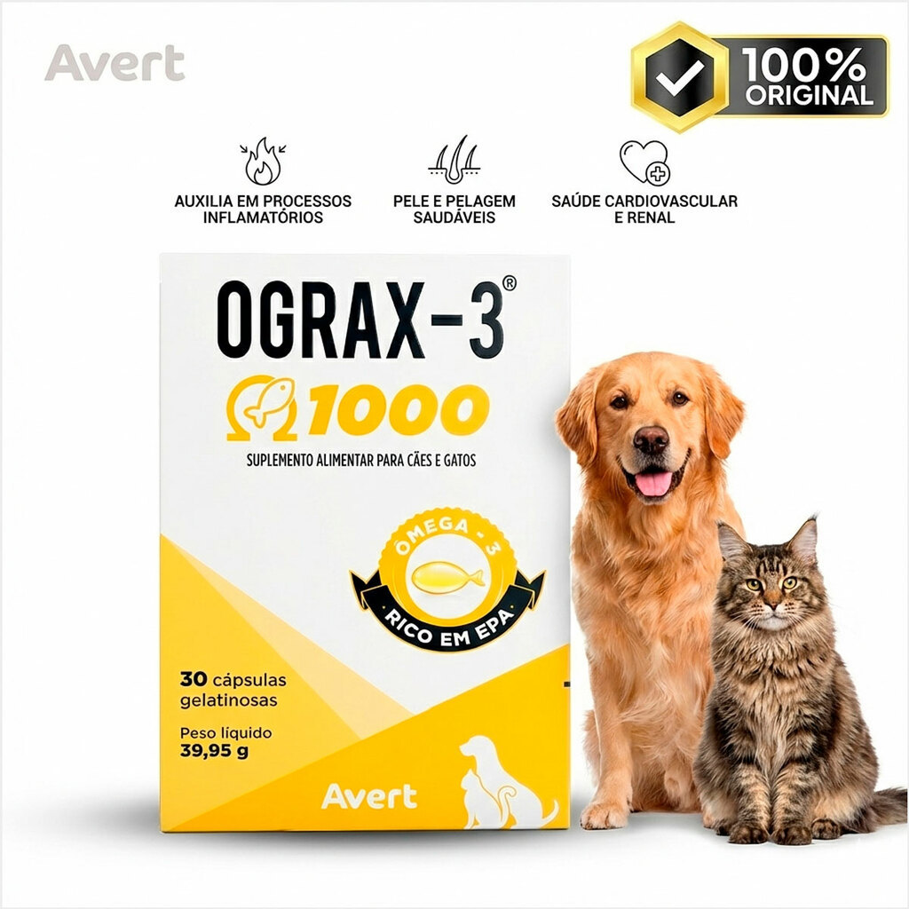 Ograx 3 1000mg Avert 30 Cápsulas Suplemento Ômega 3 Cães E Gatos