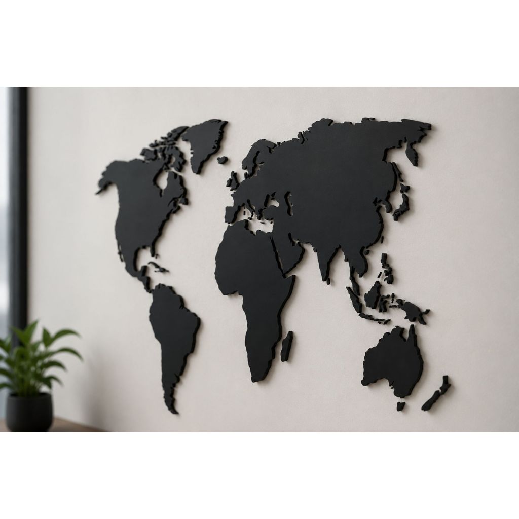 Mapa Mundi Decorativo MDF 3mm Preto 90x45cm Bússola Gabarito Fita Dupla Face Inclusa Decoração Sala Escritório