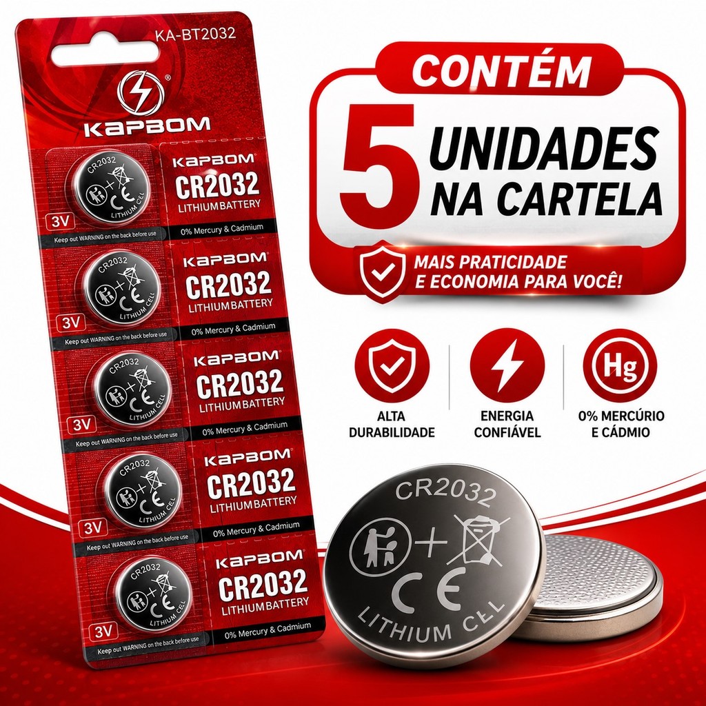 Bateria de Lítio CR2032 3V Pilha Botão Kit com 5 Unidades