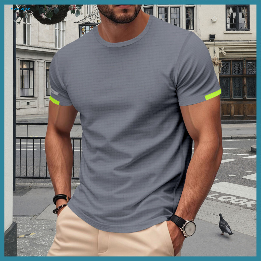 Men Polyester Spandex T-shirt Slim Fit Pullover Top Men’s Summer Crew Neck Short Sleeve Muscle Workout Tee Solid Color