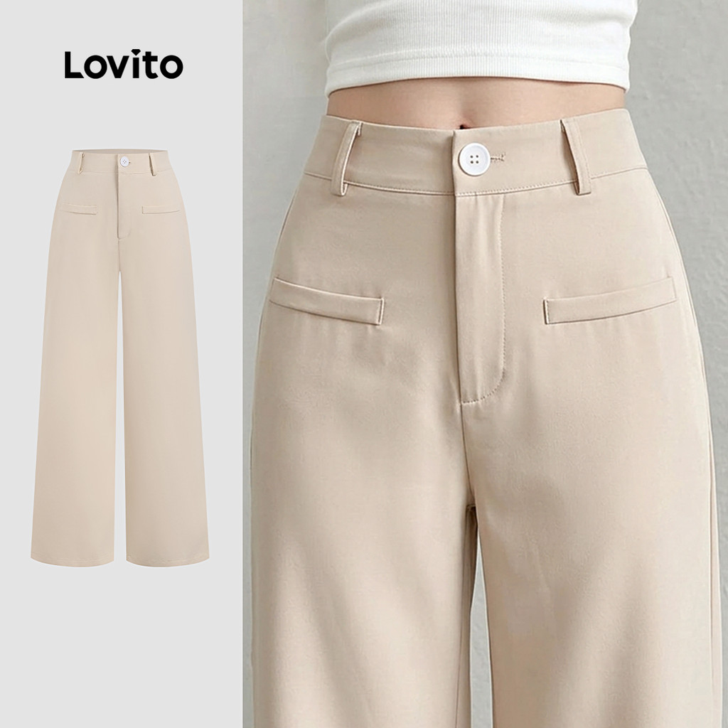 Lovito Calça Casual Feminina Primavera/verão Calça Cáqui Clara com Zíper de Botão e Bolso falso LK6EDD166