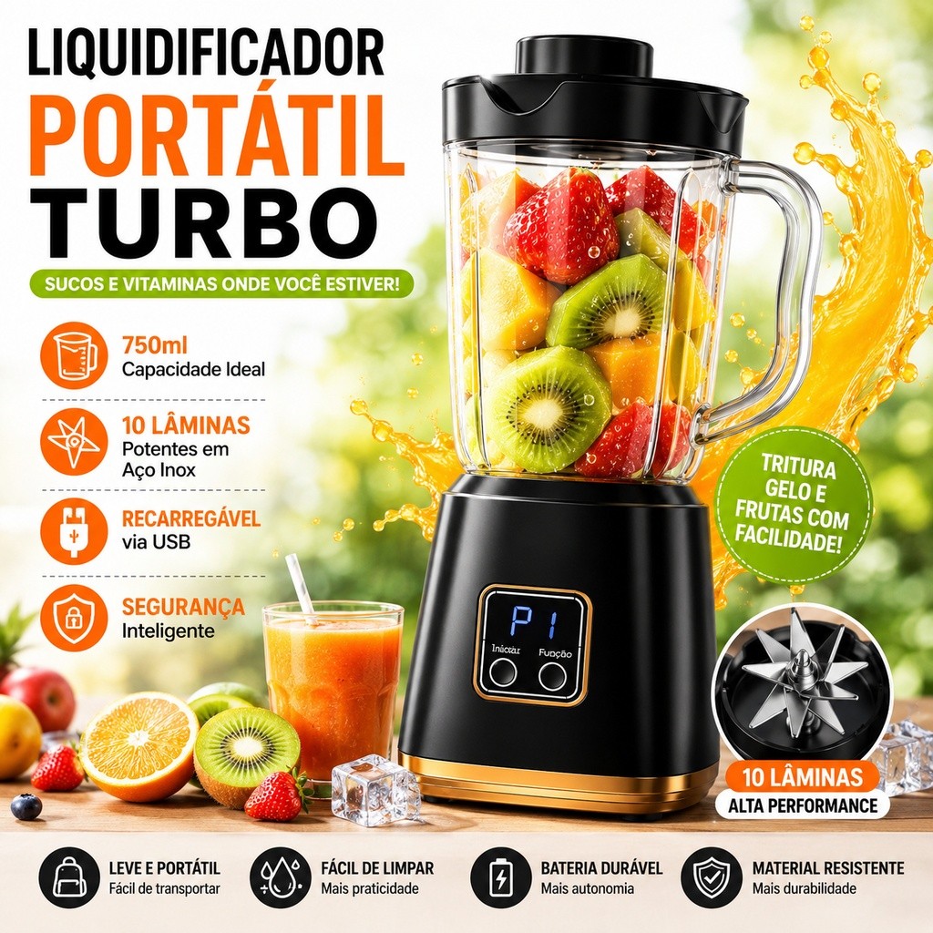 Liquidificador Portátil USB 750ml 10 Lâminas Turbo Recarregável