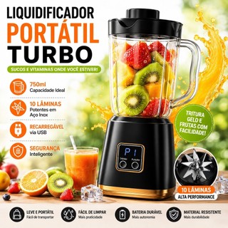 Liquidificador Portátil USB 750ml 10 Lâminas Turbo Recarregável