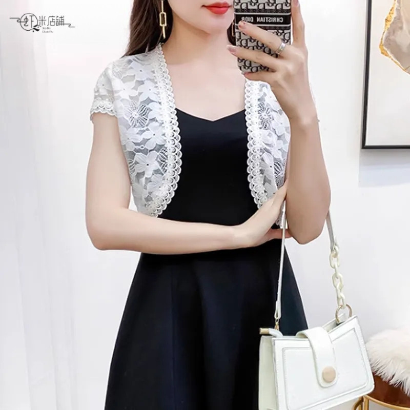 Blazer Feminino Branco e Preto de Manga Curta, Capa Bolero Pequena de Renda, Xale, Camisa Filipina, Peça de Vestuário Su