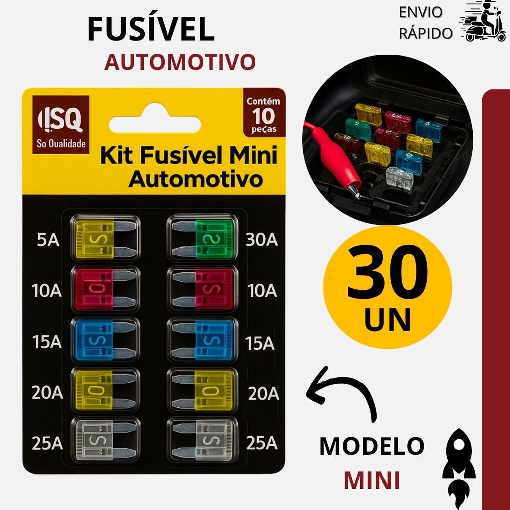 Fusíveis Automotivos Mini Lâmina 10 a 30 Unidades 5A 10A 15A 20A 25A 30A Universal Para Moto Carro