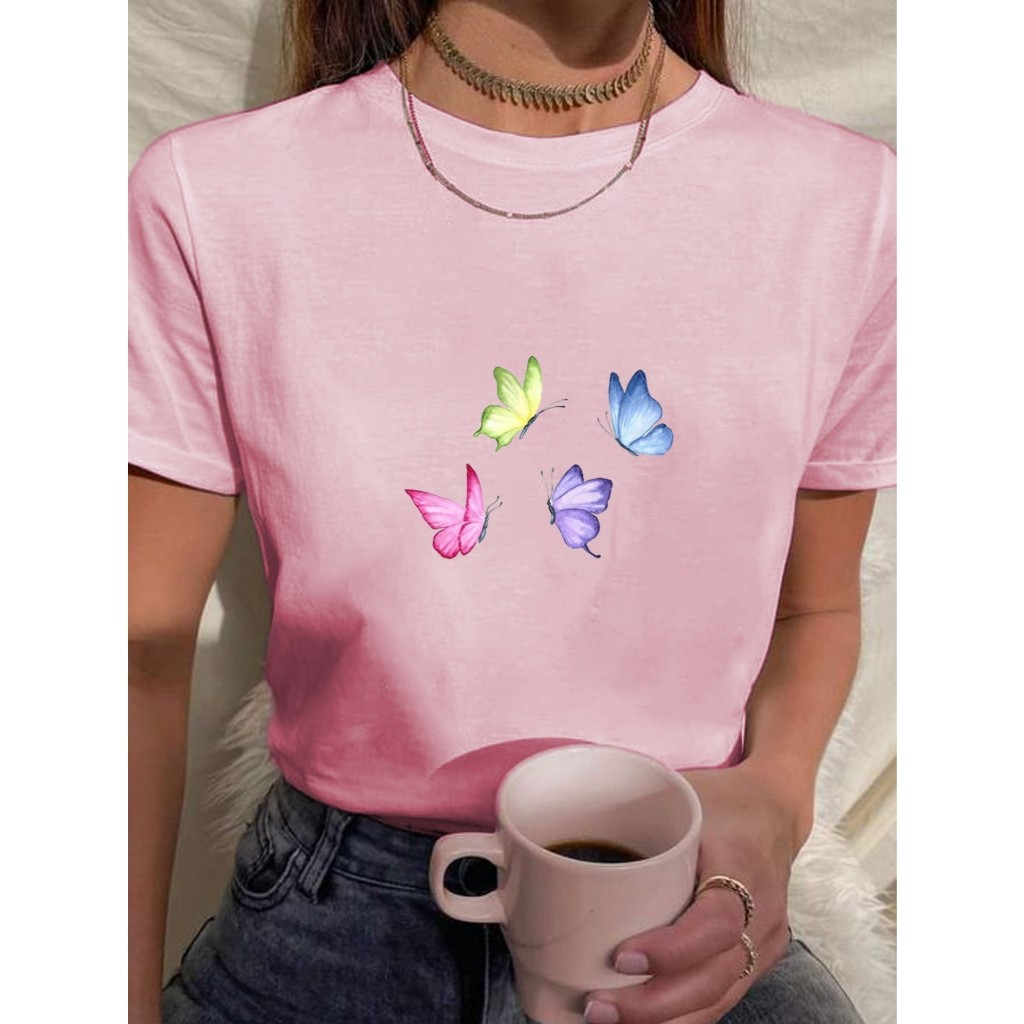 Camiseta Feminina Blusa T-Shirt Estampa Quatro Borboletas Coloridas Estilosa Confortável 100%Algodão