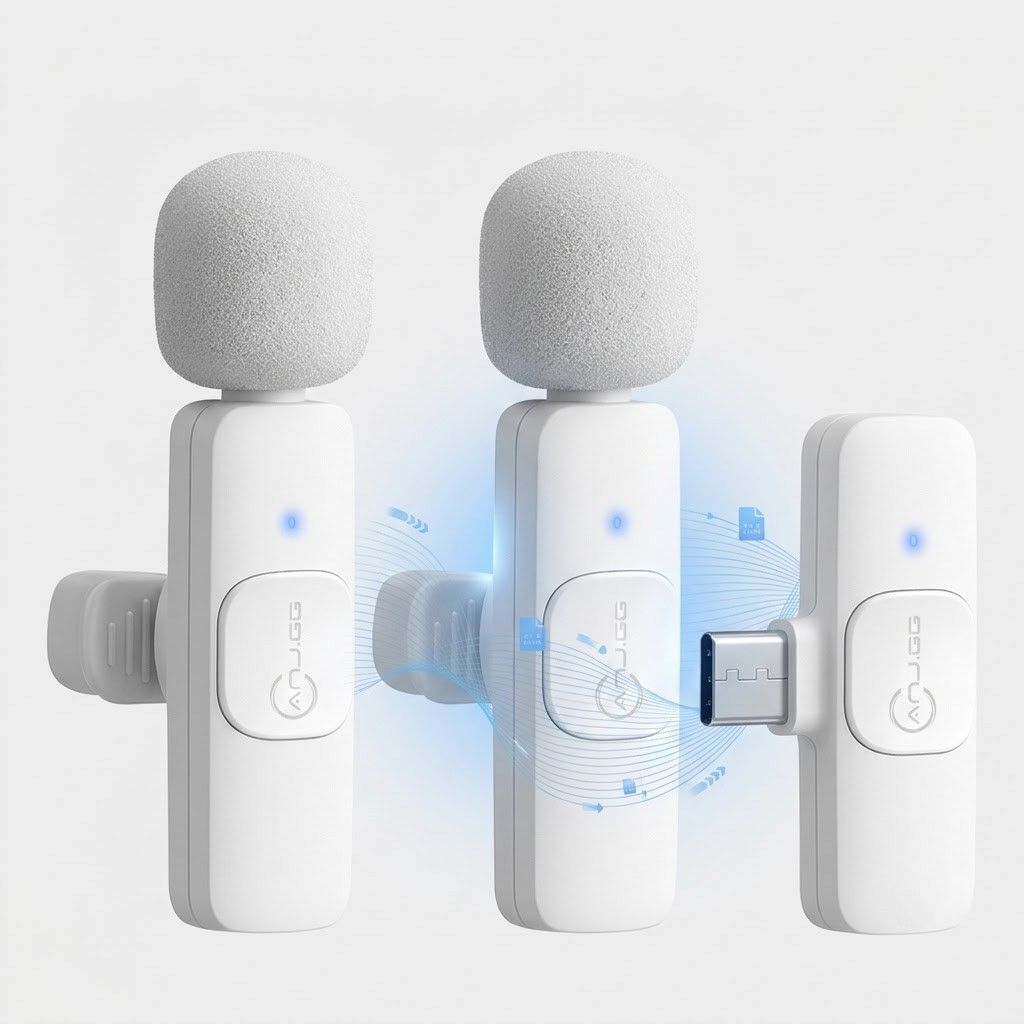 Microfone Lapela Sem Fio Duplo Tipo-C 2.4G Cancelamento Ruído Para Celular Live Vlog