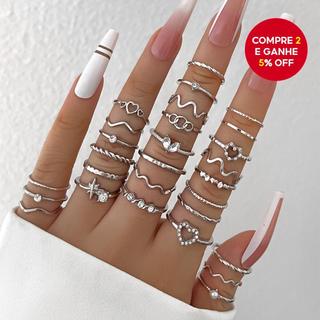 Conjunto De Anéis De Junta Geométrica – 28 Peças De Cristal Coração Ouro Prata Empilháveis Minimalistas Joias De Festa P