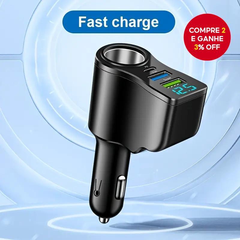 Carregador Veicular Rápido Pd Qc30 Com 3 Portas Usb-c Para Iphone E Samsung