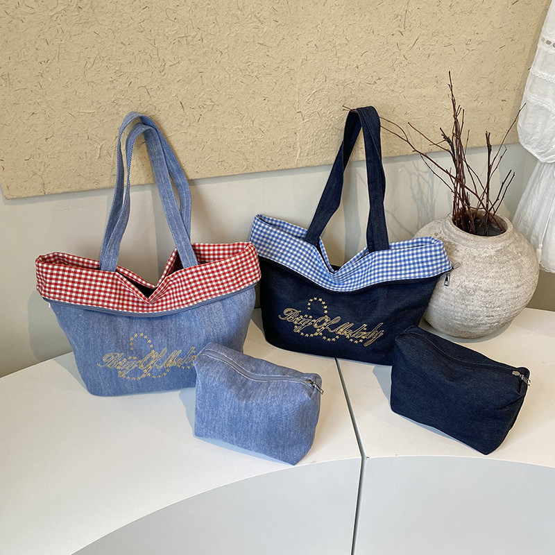 [Bolsa Tote xadrez jeans dupla face] 2026 Novo estilo bolsa de ombro fresca | Bolsa feminina Casual xadrez exclusiva