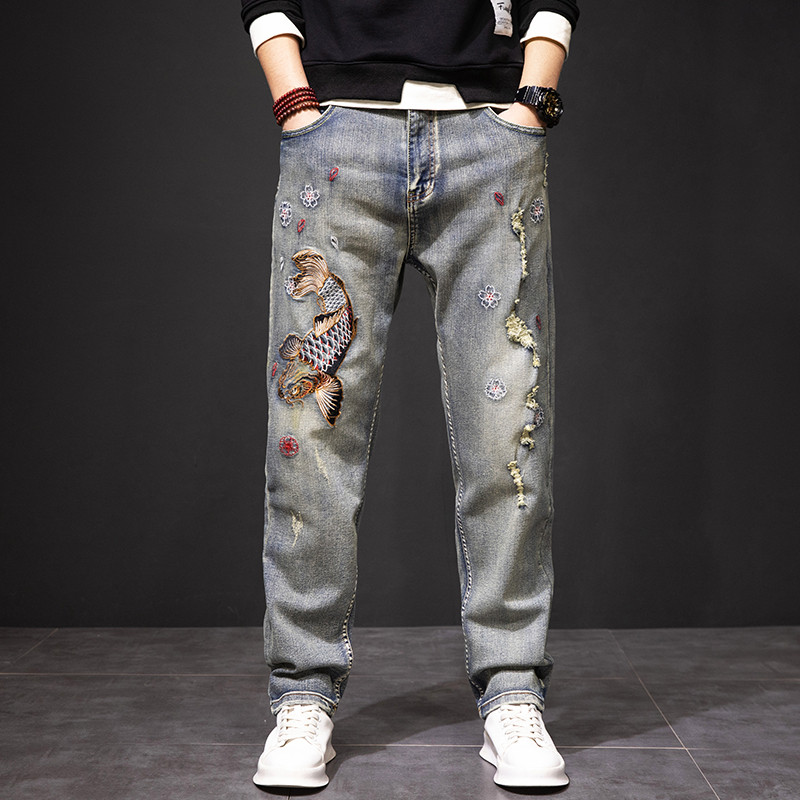 Nacional na moda carpa bordado estilo chinês Jeans marca na moda masculina em linha reta bordado calças rasgadas nostálg