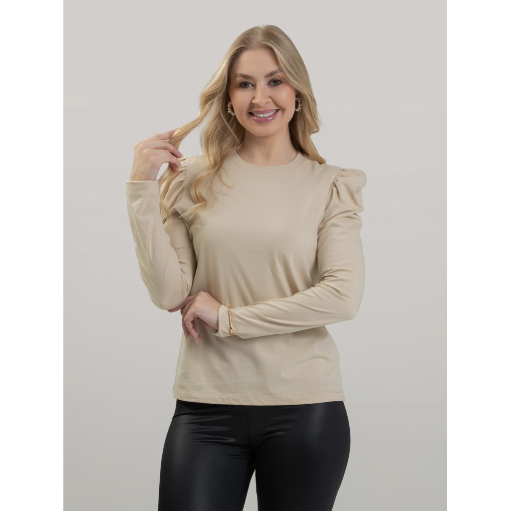 Blusa Feminina em Algodão Premium Manga Longa Bufante Lisa Clara Bege Blusa de Frio Inverno Estilosa