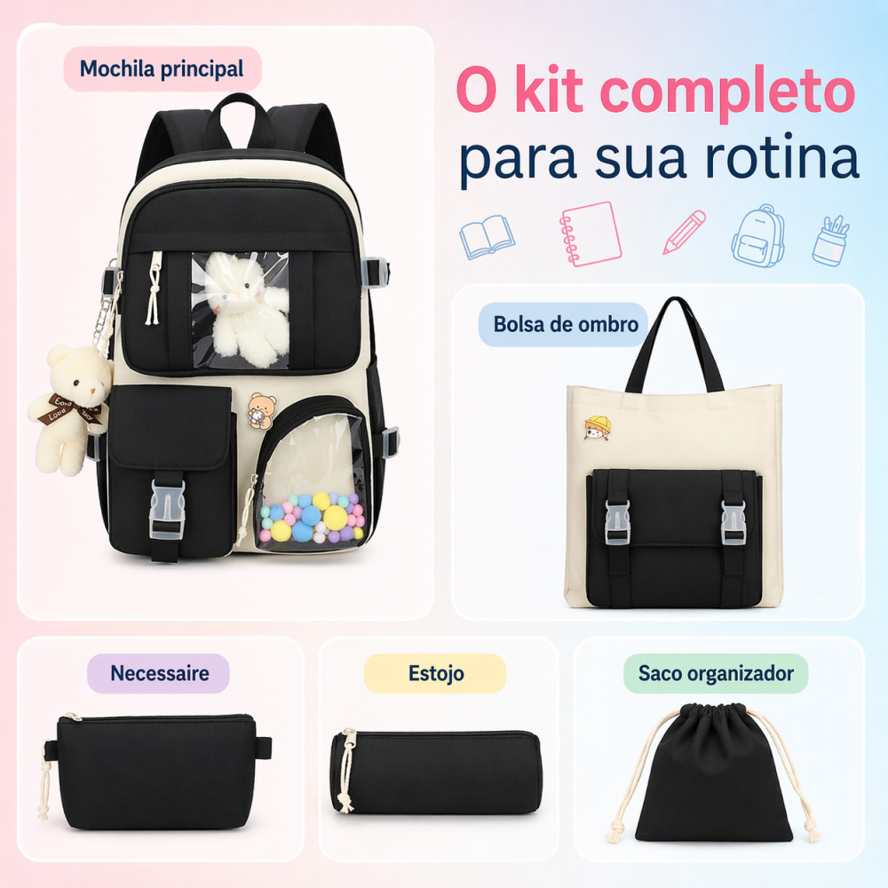 Kit Mochila Escolar Feminina 5 Peças Nylon Resistente Grande Capacidade Para Escola Faculdade