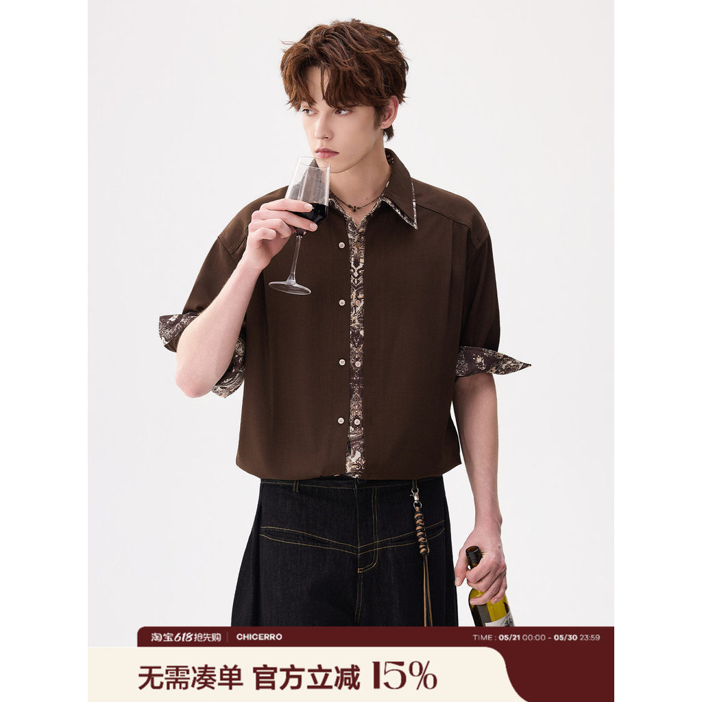CHICERRO Sicilian Roupas masculinas estilo dinheiro antigo caju flor costura camisa de manga média meninos verão camisa 