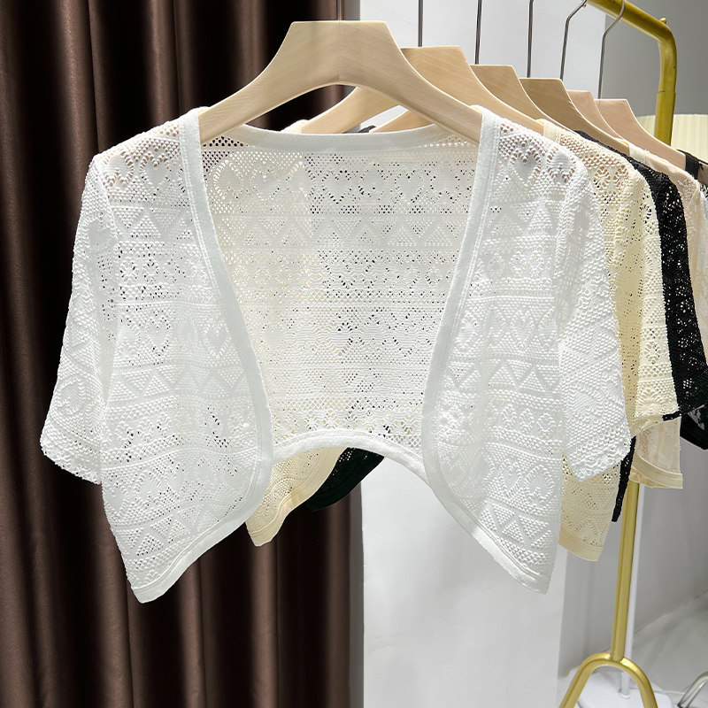 Xale de manga curta feminino exterior combinando saia verão estilo fino protetor solar pequeno colete blusa renda oco Ca