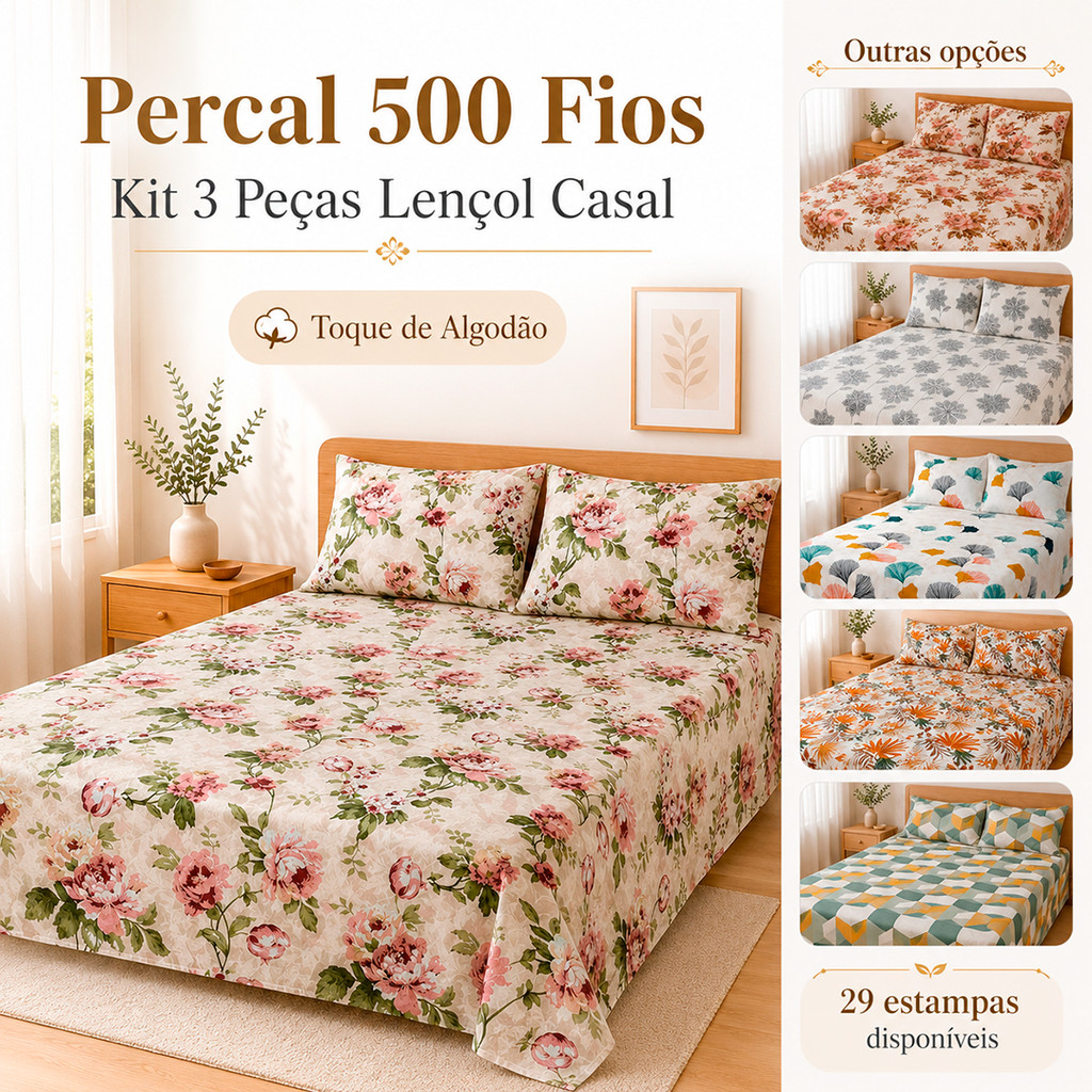 Kit Lençol 3 Pçs Percal 500 Fios Casal Toque de Algodão 2 Porta Travesseiro