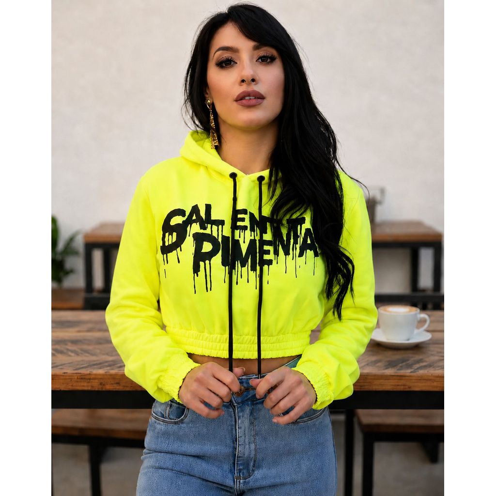 Cropped, Blusa Moletom flanelado curta Letreiro Com Capuz Sal E Pimenta Original
