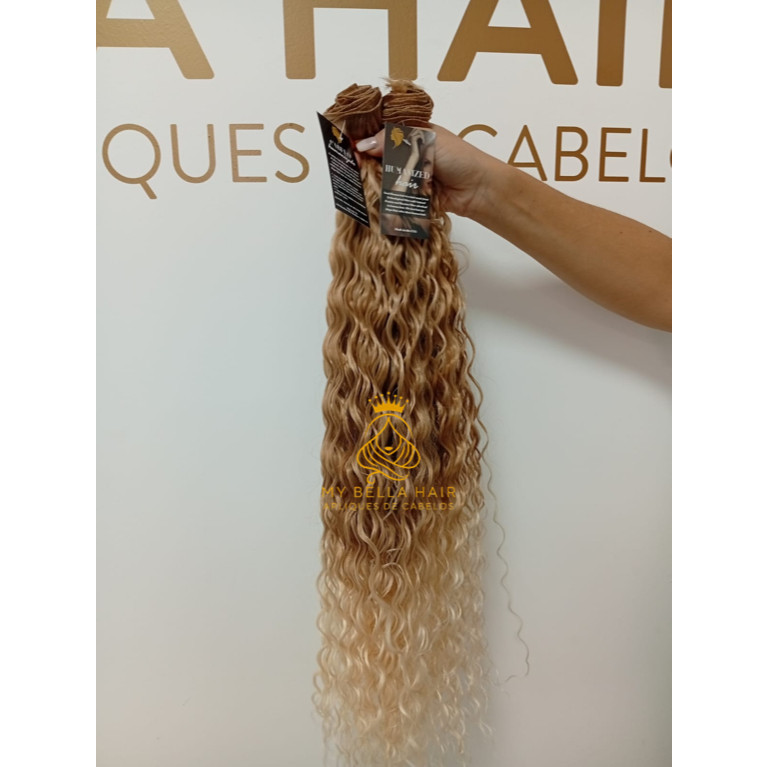 Aplique Cabelo 100% Semi Humano Na Tela Cacheado Loiro Perolado 60cm igual Brasileiro do Sul