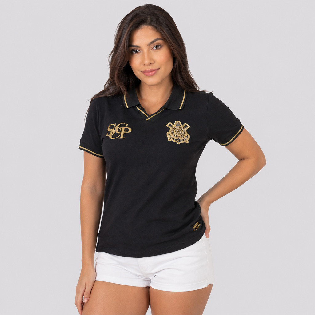 Polo Corinthians Logo Feminina Preta