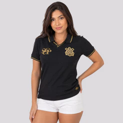 Polo Corinthians Logo Feminina Preta