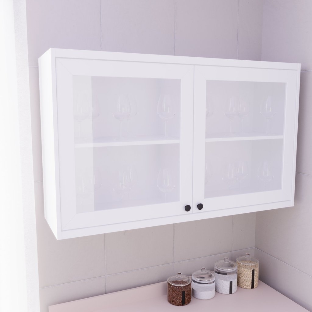 Armário Aéreo 120cm 2 Portas com Vidro 100% MDF Cozinha Sevilha Branco Branco