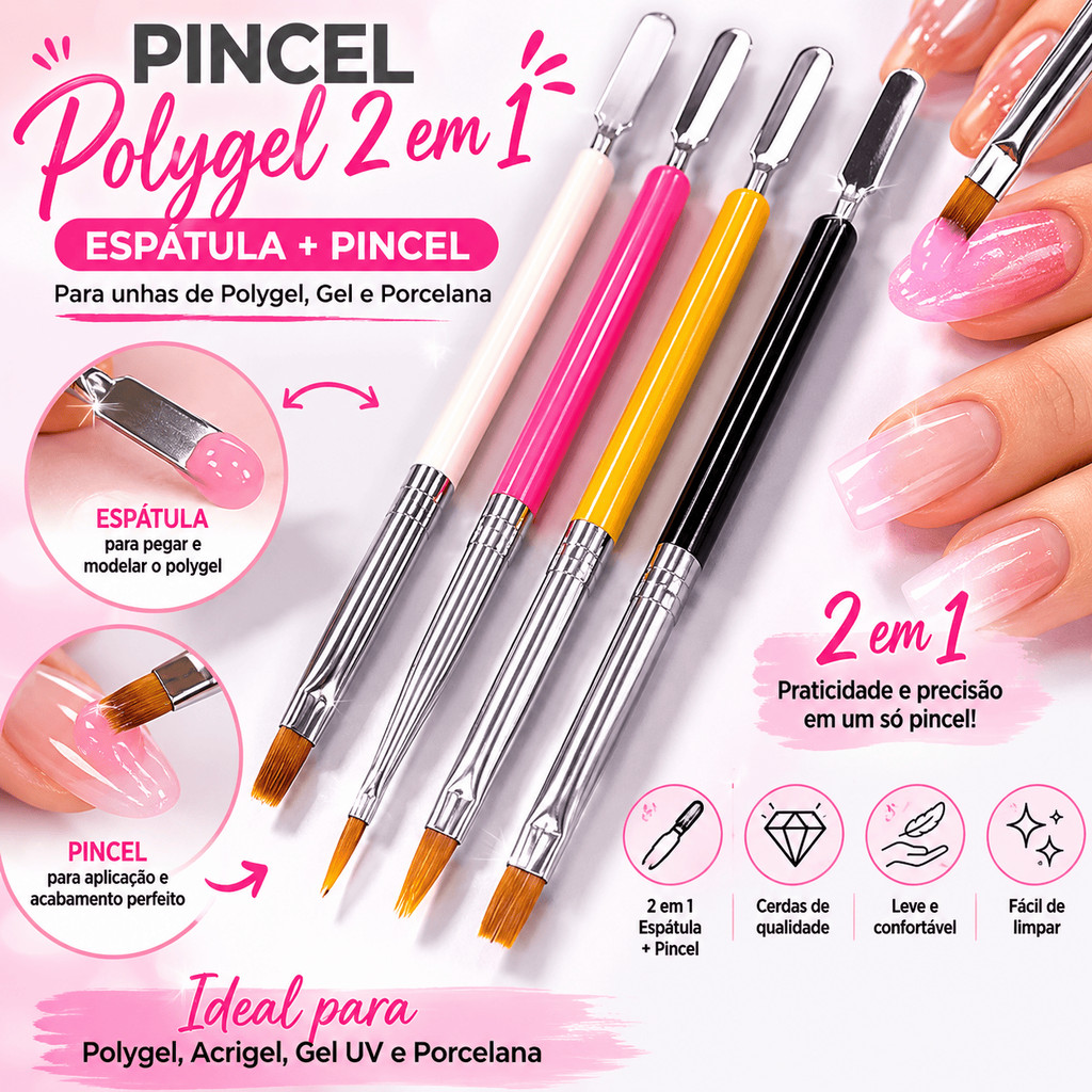 Pincel Polygel 2 em 1 Espátula + Pincel para Unhas Gel Porcelana Acrílico