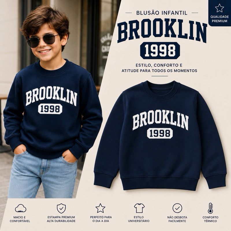 Blusão Infantil Brooklin 1998 Moletom Grosso Azul Marinho Casual Quentinho Confortável Estilo Universitário