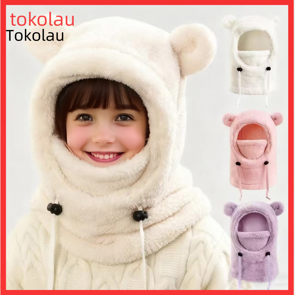 Kids Camping Hat Outdoor Ski with Bear Ears 3-in-1 Windproof Fleece Face Guard Scarf Adjustable Weather Headgear for Boy