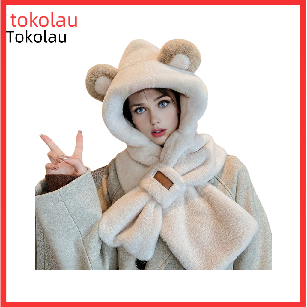 Comfortable Cold-weather Hat Thermal Winter Elastic 2-in-1 Scarf with Bear Ear Decor for Autumn Outdoor Activities Skiin