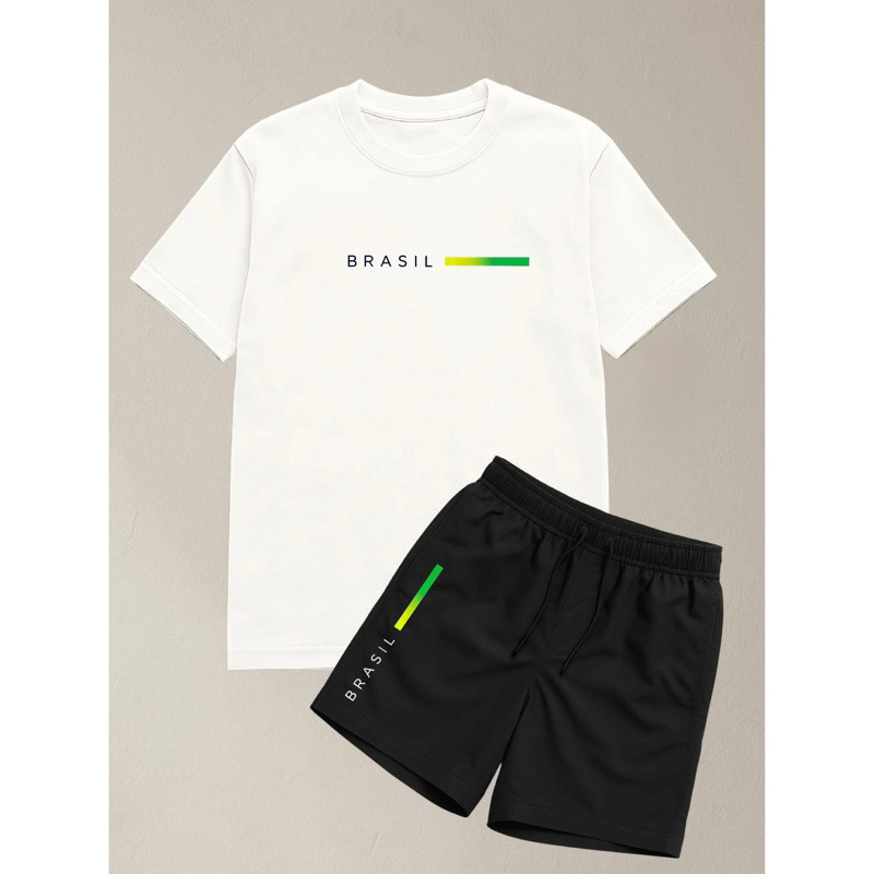 Kit Camiseta Masculina + Short Tactel bermuda conjunto lançamento Estampa Brasil 100% Algodão