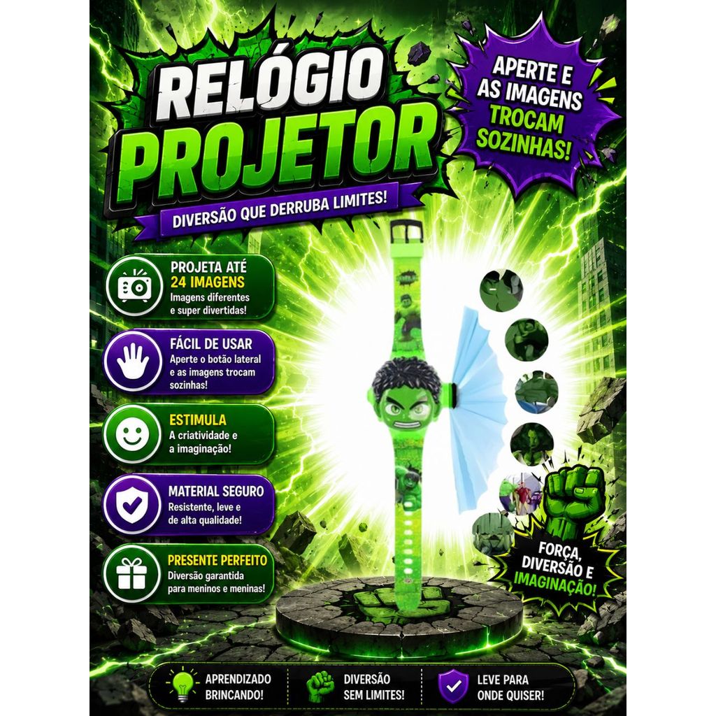 Relogio Infantil Heróis Projetor 3D Hulk