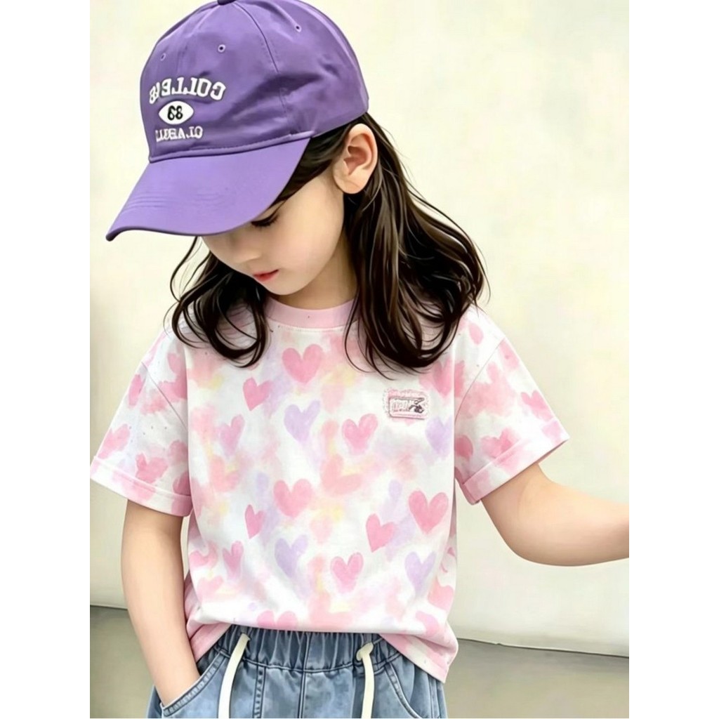 Meninas puro algodão manga curta camiseta verão novo estilo versão coreana médio grande crianças moda impressa amor All-