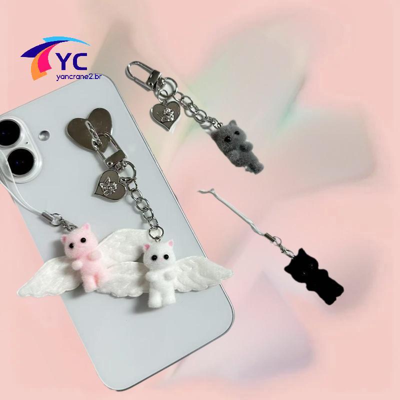 YCBR Bonito Asas De Anjo Fuzzy Gatinho Gato Coração Chaveiro Floed Kawaii Telefone Corrente Anti-Perdido Cordão Pingente