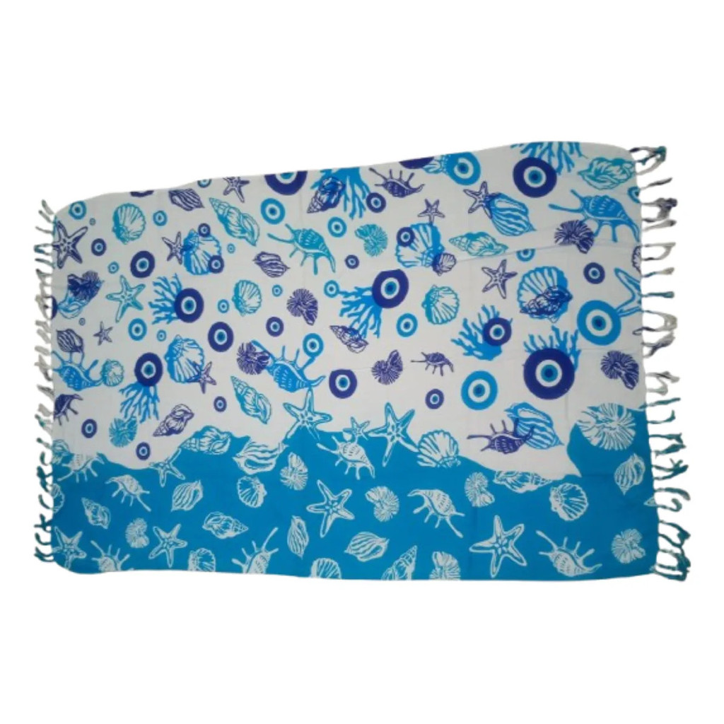 Canga De Praia Em Viscose Concha Mar Azul Tamanho 1,70x1,15