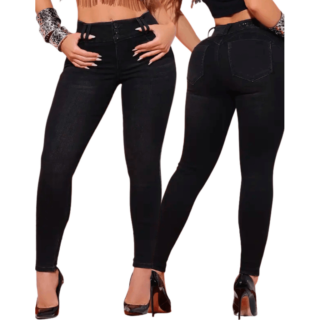 Calça Jeans Skinny Feminina Pit Bull Preta Modeladora Cintura Alta Bundex Premium Levanta Bumbum
