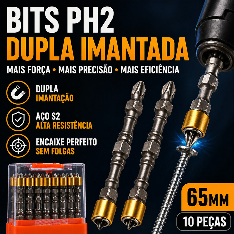 Bits Ponteira Philips PH2 Dupla Imantada Magnética Aço S2 Profissional Para Parafusadeira 65mm