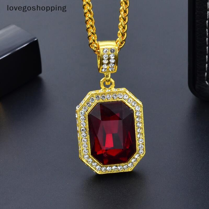 [lovego] Pingente Masculino De Diamante Embutido Quadrado Rubi Nelace Hip Hop De Pedra Vermelha Joias Vintage Acessórios