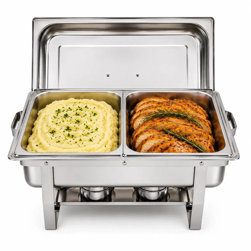 Imagem Rechaud Retangular 11 Litros Buffet Inox 2 Cubas Banho Maria Tampa Removível 1/2 Panelas Cuba Buffet Marca Usd