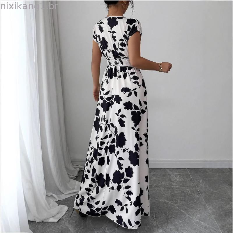 vestido feminino vestido longo feminino roupa feminina renda de manga curta com decote em v saia verão cintura estreita