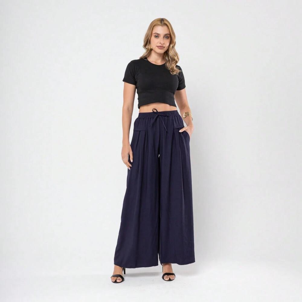 Azul Calça feminina em tecido de fibra de gelo, calça de cintura alta com bolsos,saia-calça folgada de perna larga