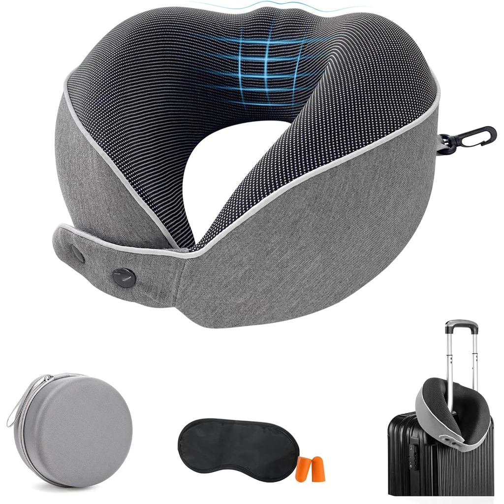 Almofada de Pescoço para Viagem, Almofada para Avião com Máscara para os Olhos, Protetores de Ouvido e Caixa de Armazena