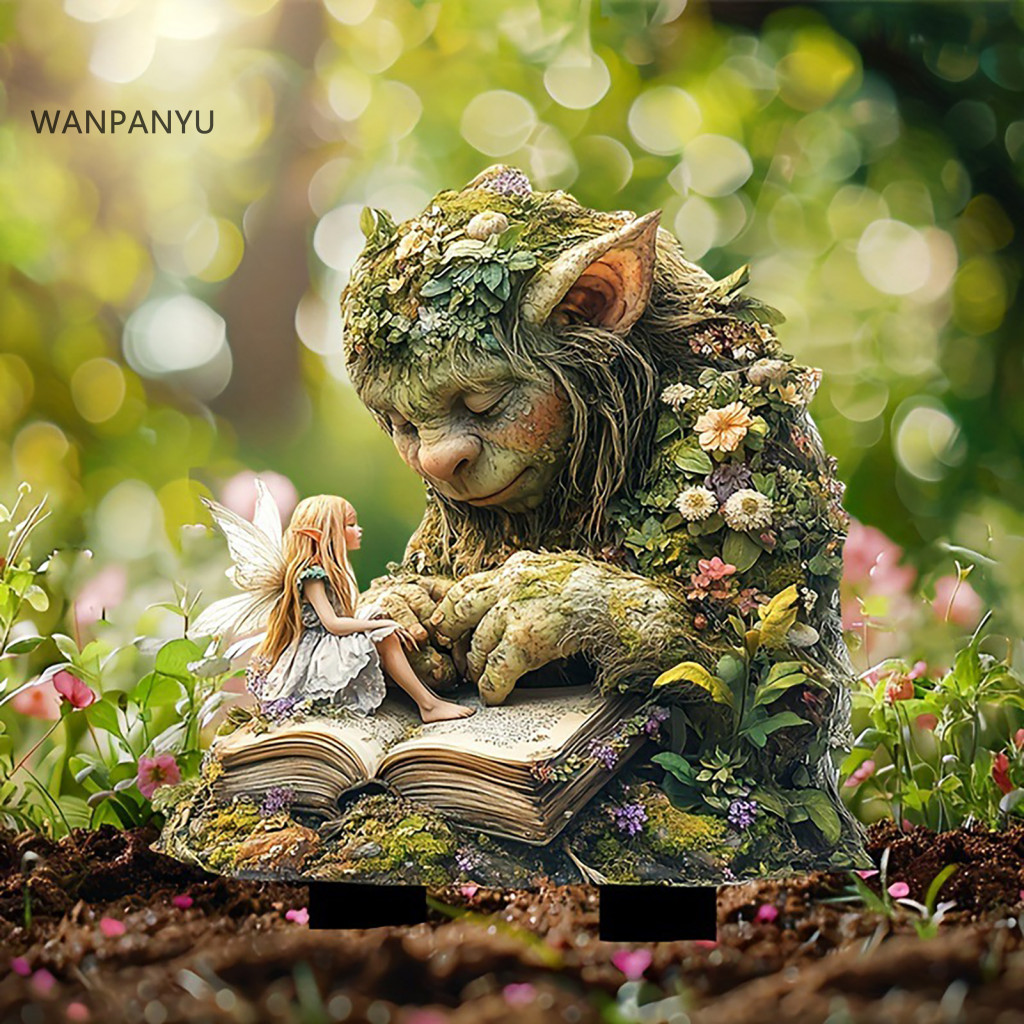 2pcs Fairy Troll Garden Stakes Waterproof Acrylic Outdoor Yard Art Reading Decorations for Flower Bed Lawn Patio Perfect
