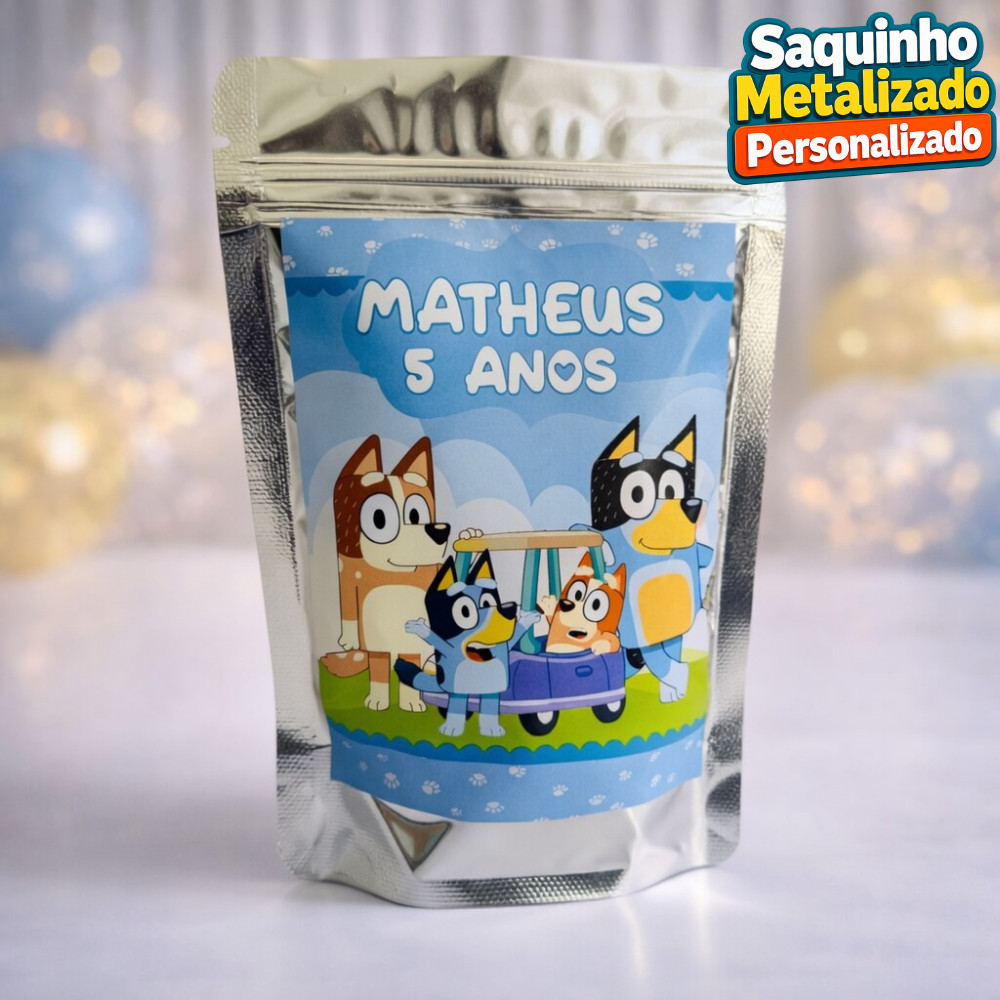 Saquinho Metalizado Bluey e Bingo Personalizado / Lembrancinha de Festa /Aniversário