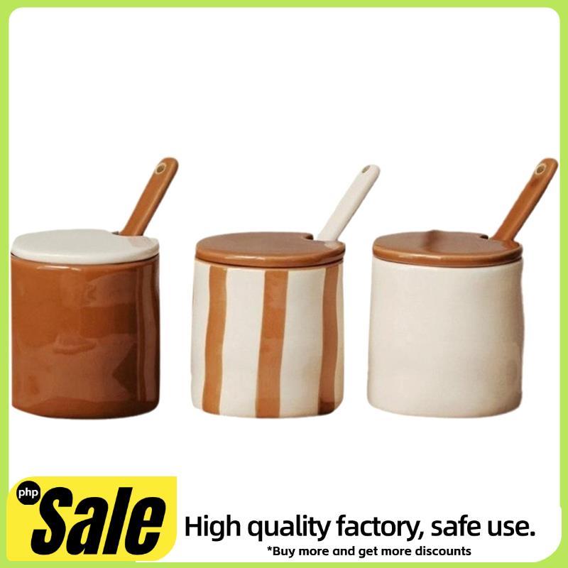 Suprimentos De Cozinha Vintage Cerâmica Listra Tempero Jar Com Colher Medidor Medição Funcionalidade Pimenta Caixa Armaz